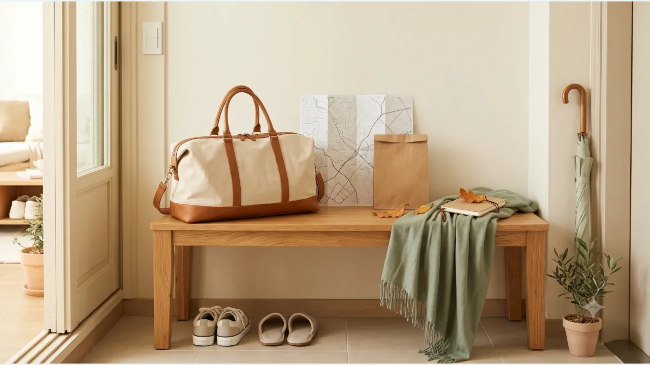 A travel bag, a map with no lettering, and an envelope on an oak bench in an entryway