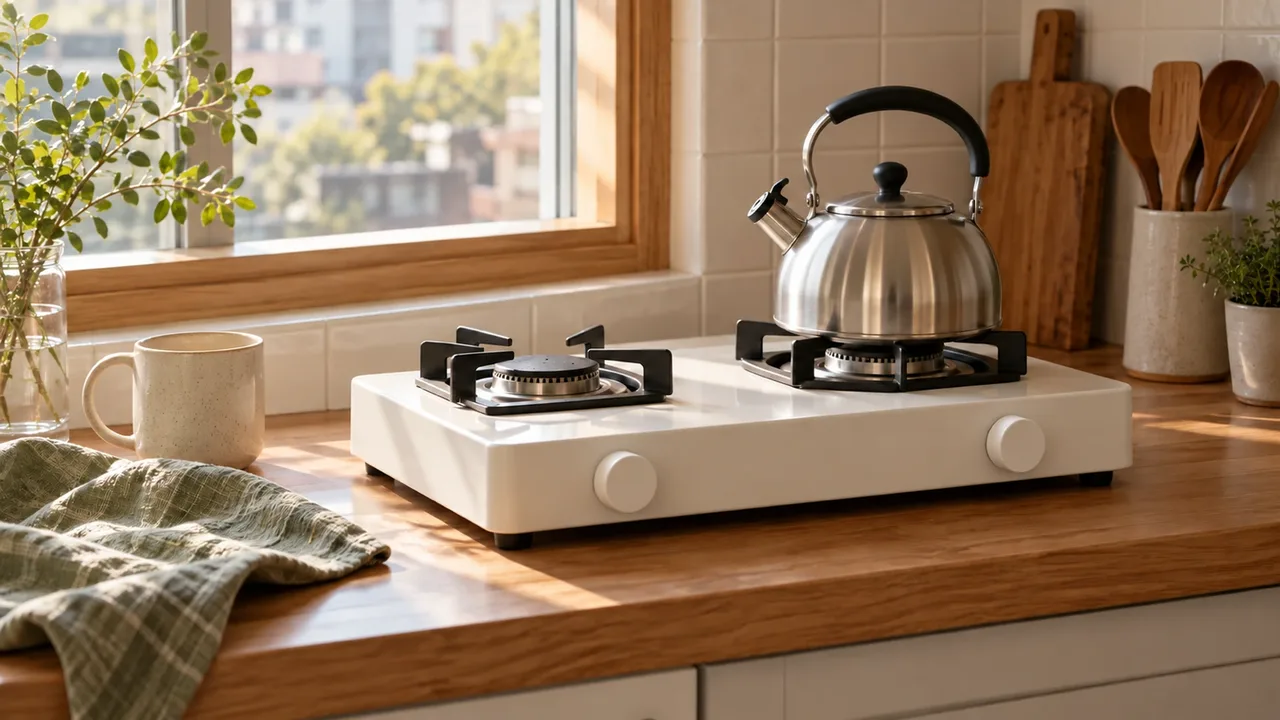 A white two-burner gas stove with a stainless steel kettle on a sunlit oak kitchen counter by a window, with a cream mug, a sage linen cloth, a wooden cutting board and kitchen utensils.