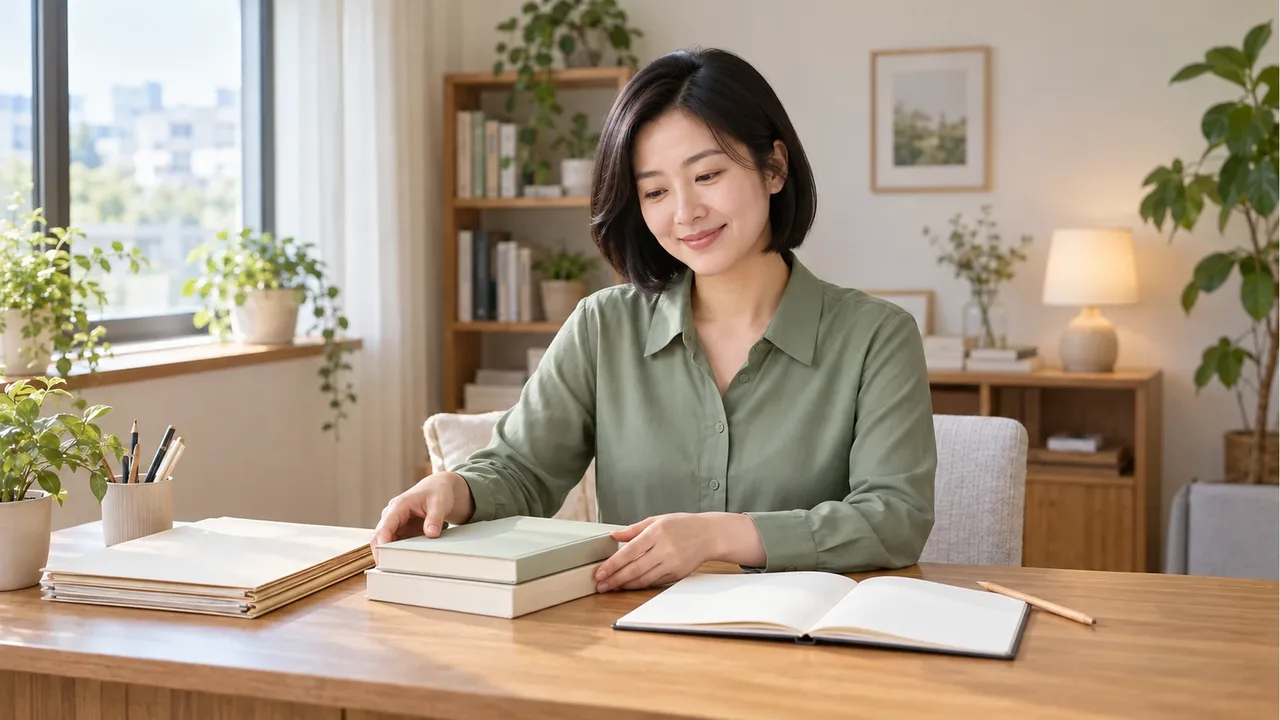 A woman with a black bob and sage-green blouse arranging two plain-covered books at an oak desk beside a blank notebook and pencil
