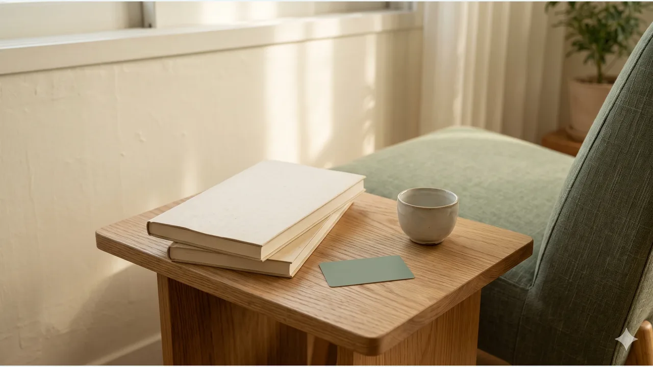 Two blank-covered books, a sage card and a teacup on an oak table beside a sage chair in window light