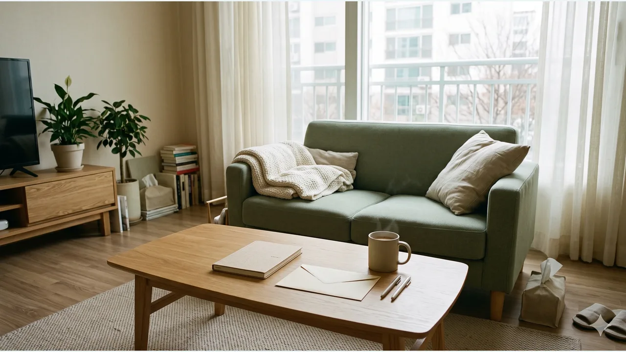 A sage sofa with a cream blanket by a window, and an envelope, notebook, mug and pens on an oak table