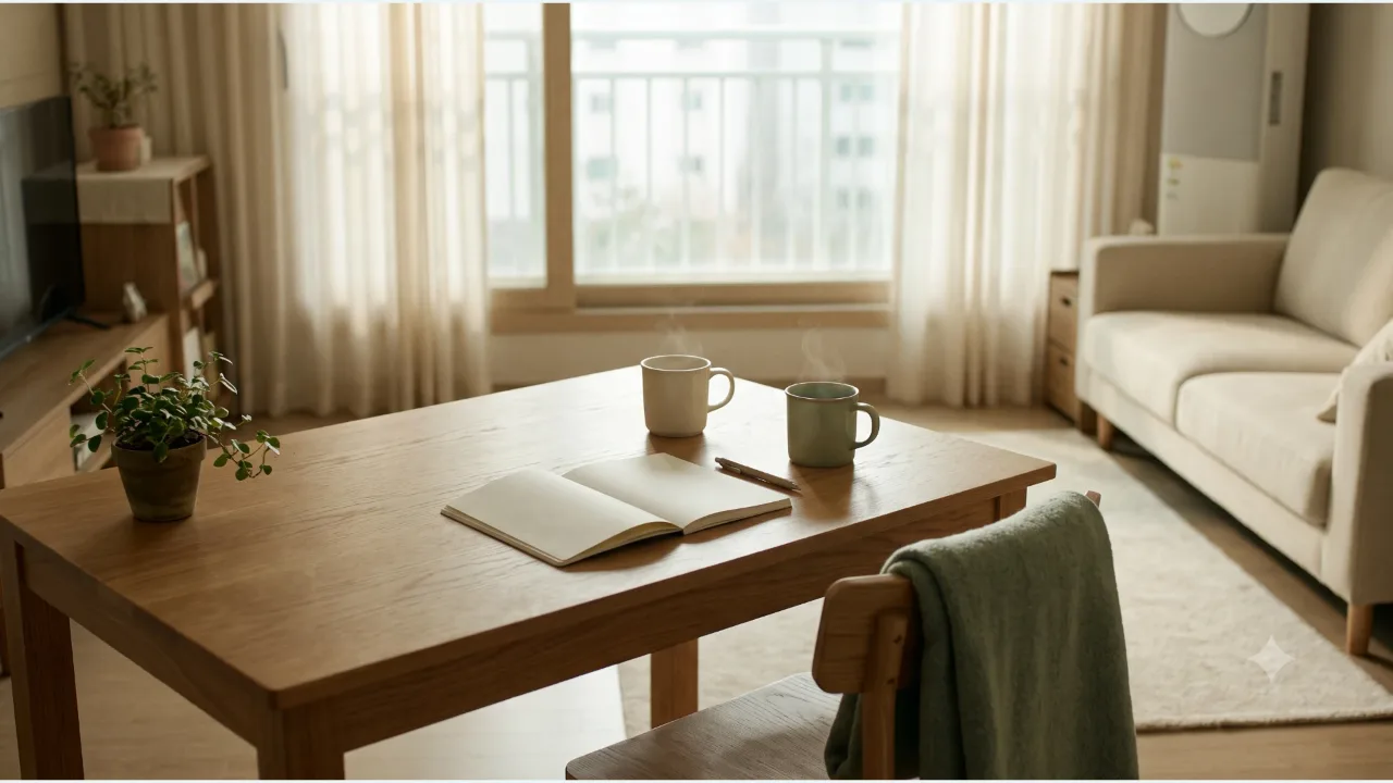 Two mugs and an open blank notebook, a pen and a plant on an oak table in a sunlit living room, with a sage blanket draped over a chair