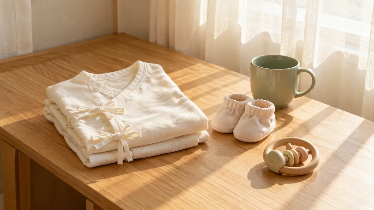 햇빛이 드는 창가 오크 테이블 위에 가지런히 접힌 크림색 배냇저고리와 아기 양말, 원목 딸랑이, 세이지색 머그잔