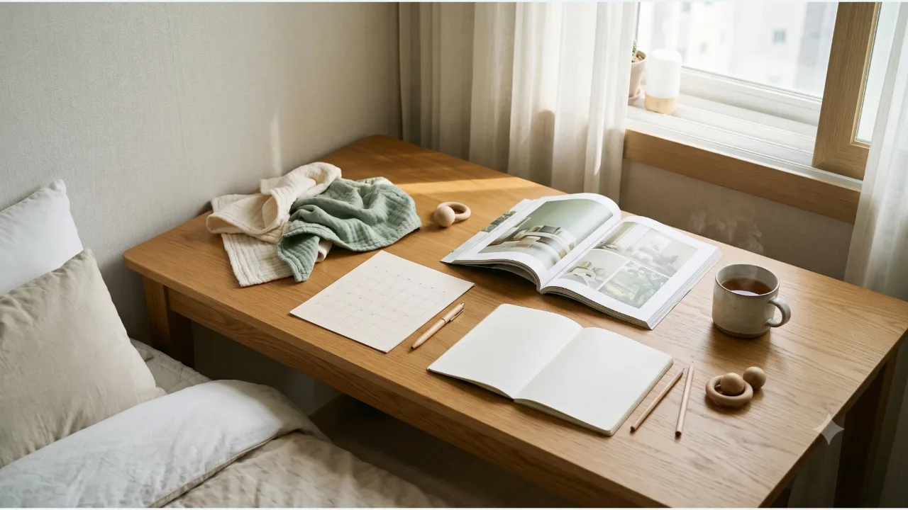 A blank calendar, an open notebook, a mug and a baby blanket on an oak table in a bedroom