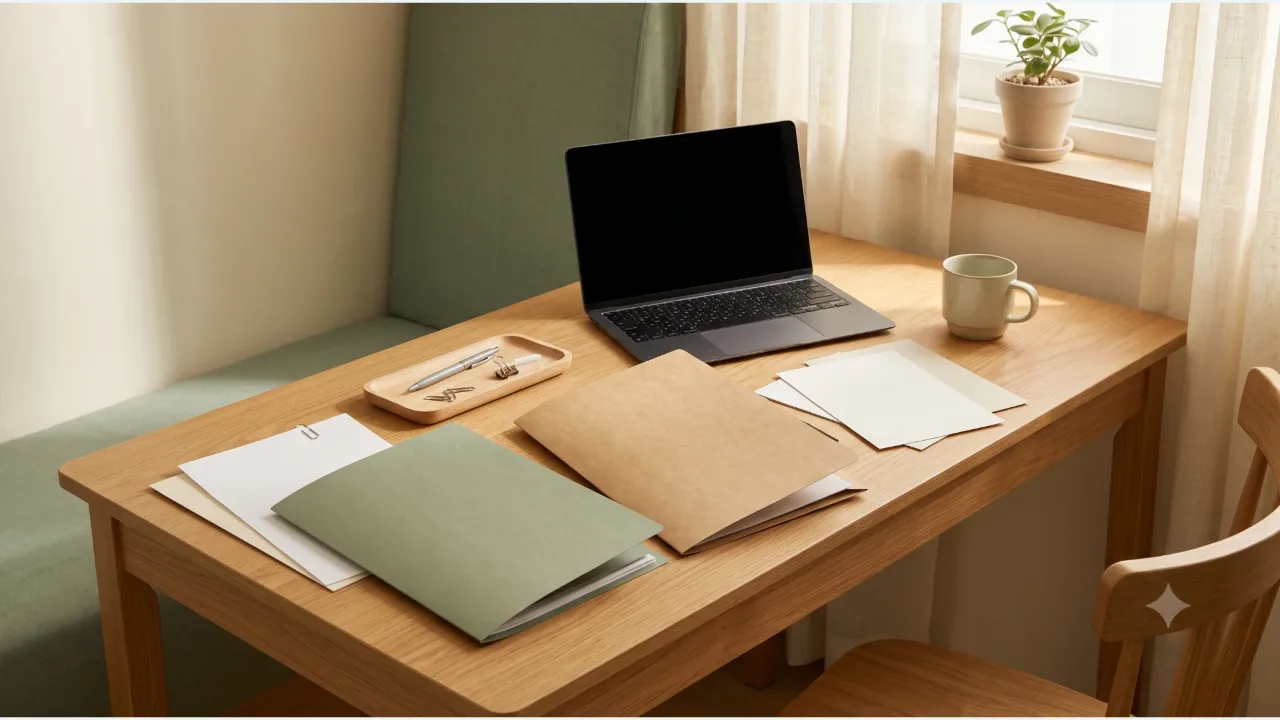 Cream and sage document folders, a laptop with a dark screen, a pen and a cup, and a small plant on an oak desk