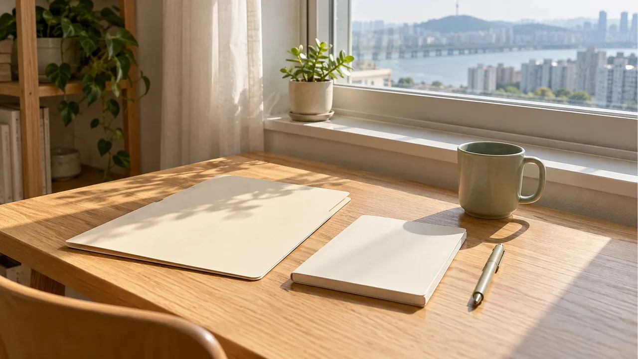 A cream-colored folder, notebook, pen, sage ceramic mug, and small potted plant on a sunlit oak desk by the window
